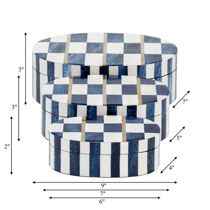 Sagebrook - 6"/7"/9" Resin Checkered Pattern Oval Boxes (Set Of 3) in White/Blue