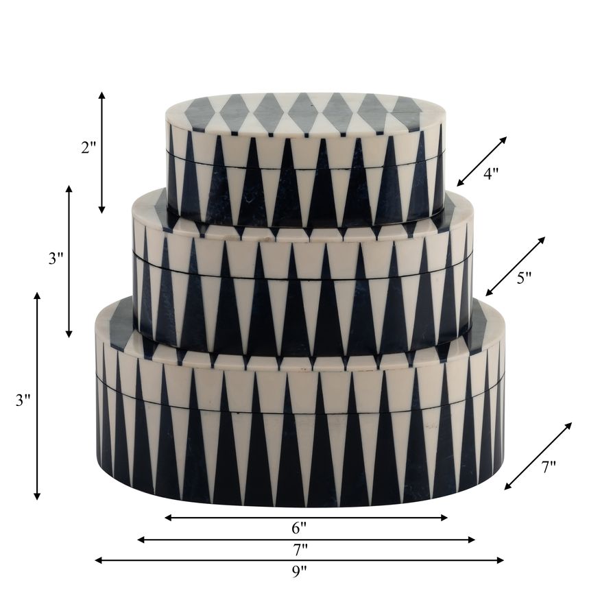 Sagebrook - 6"/7"/9" Resin Bold Lines Oval Boxes (Set Of 3) in White/Blue