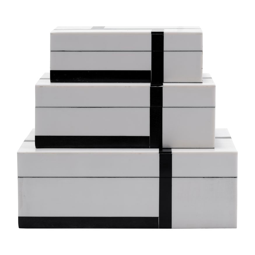 Sagebrook - 6"/7"/9" Resin Bold Lines Design Rec Boxes (Set Of 3) in Black/White