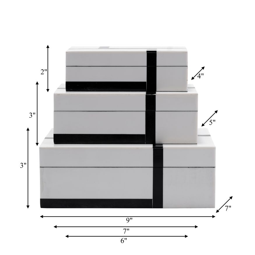 Sagebrook - 6"/7"/9" Resin Bold Lines Design Rec Boxes (Set Of 3) in Black/White