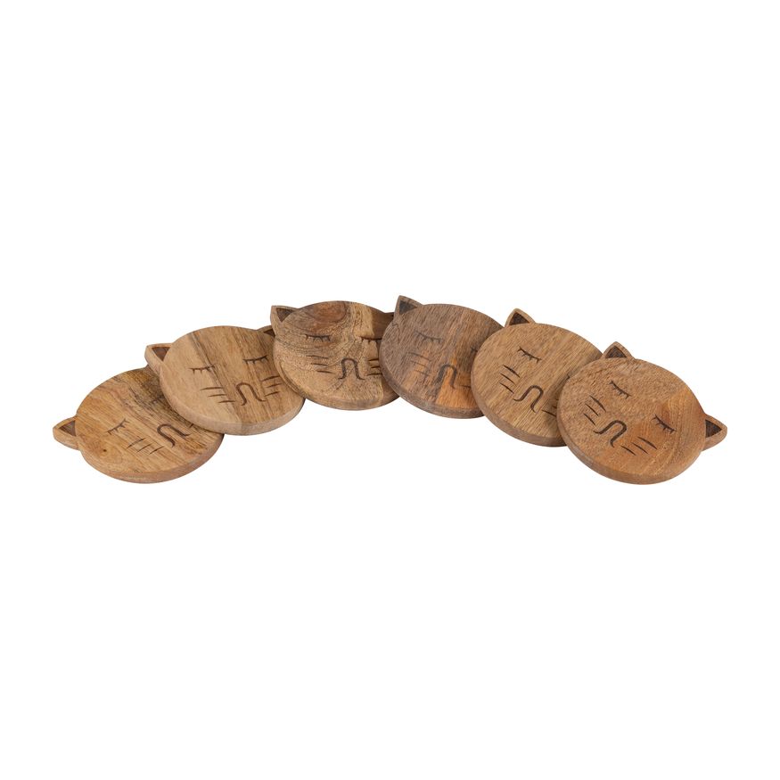 Sagebrook Wood Cat Face Coasters With Stand (Set Of 6) - Natural