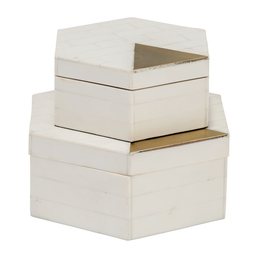 Sagebrook - 5"/7" Resin Hexagon Boxes With Brass Inlay (Set Of 2) in White/Gold