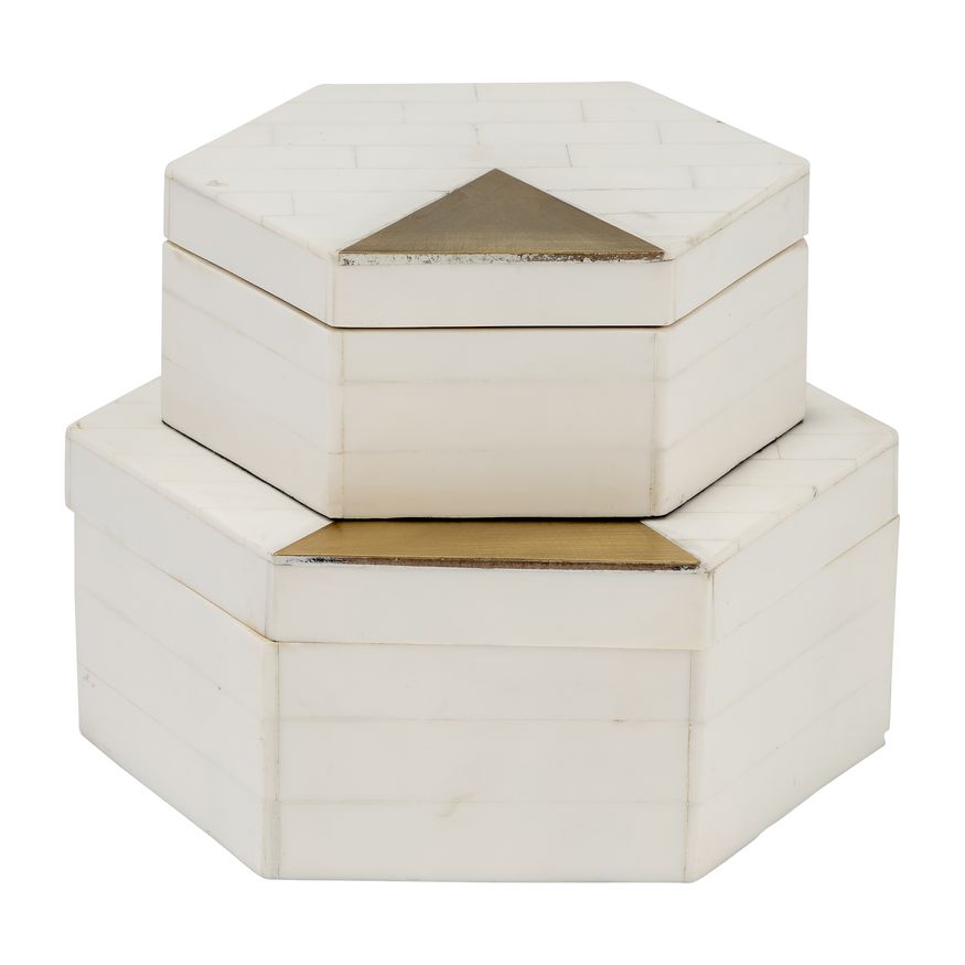 Sagebrook - 5"/7" Resin Hexagon Boxes With Brass Inlay (Set Of 2) in White/Gold