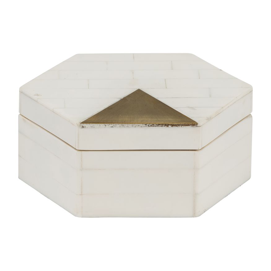 Sagebrook - 5"/7" Resin Hexagon Boxes With Brass Inlay (Set Of 2) in White/Gold