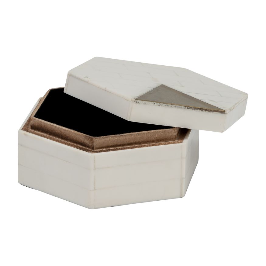 Sagebrook - 5"/7" Resin Hexagon Boxes With Brass Inlay (Set Of 2) in White/Gold