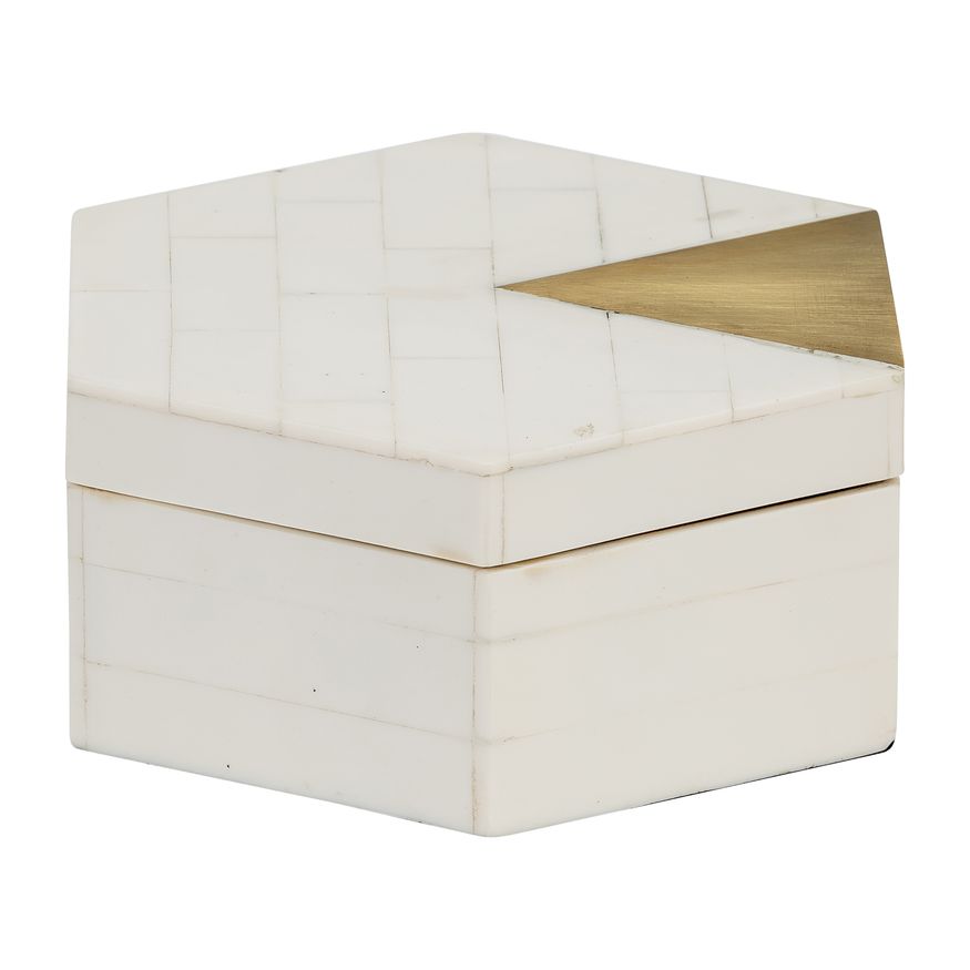 Sagebrook - 5"/7" Resin Hexagon Boxes With Brass Inlay (Set Of 2) in White/Gold