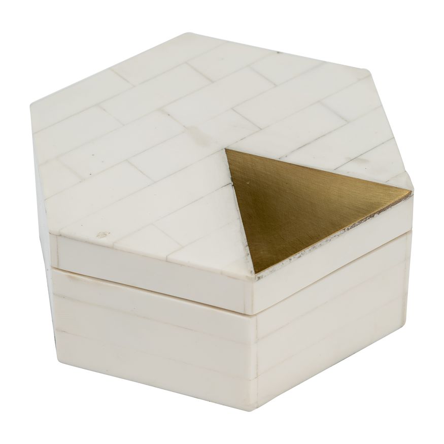 Sagebrook - 5"/7" Resin Hexagon Boxes With Brass Inlay (Set Of 2) in White/Gold