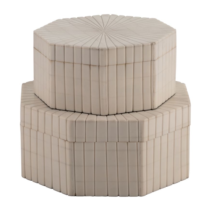 Sagebrook - 6"/8" Resin Hexagon Boxes With Ridge Design (Set Of 2) in Ivory