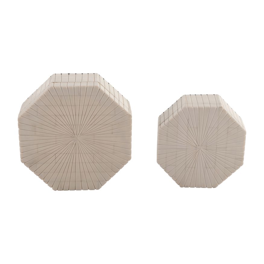 Sagebrook - 6"/8" Resin Hexagon Boxes With Ridge Design (Set Of 2) in Ivory