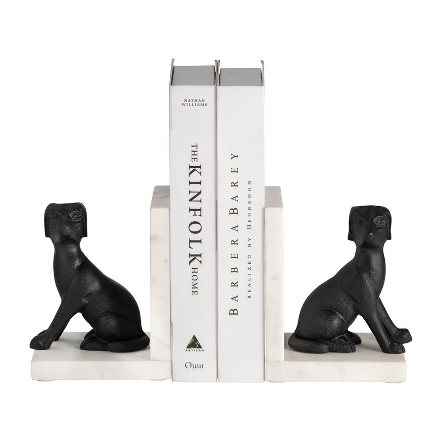 Sagebrook - 4" Metal/Marble Sitting Dog Bookends (Set Of 2) in Black/White