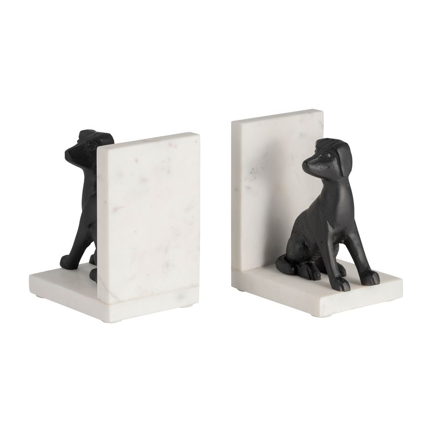 Sagebrook - 4" Metal/Marble Sitting Dog Bookends (Set Of 2) in Black/White