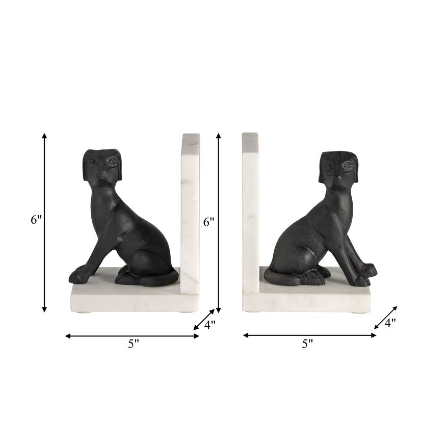 Sagebrook - 4" Metal/Marble Sitting Dog Bookends (Set Of 2) in Black/White