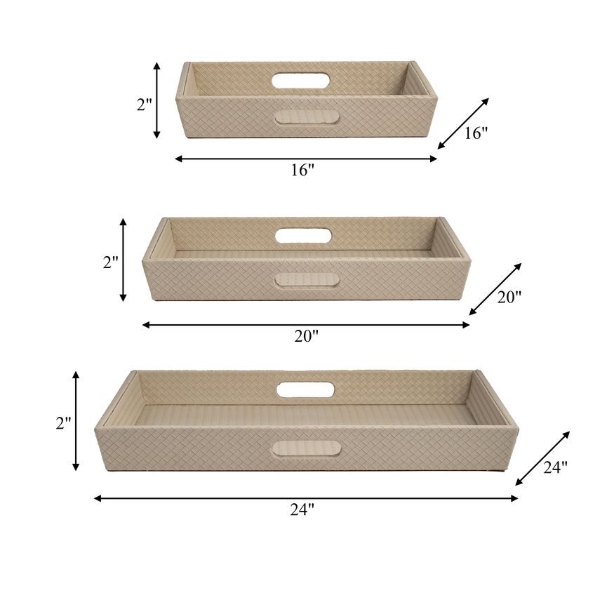 Sagebrook 16"/20"/24" Leather/Wood Diamondweave Trays (Set Of 3) - Tan