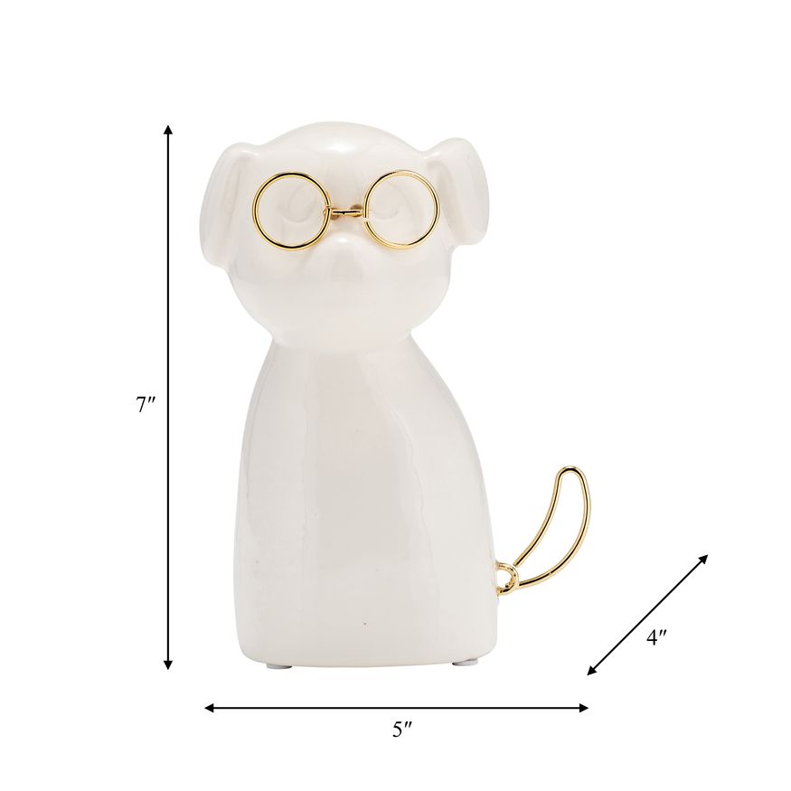 Sagebrook Ceramic 7"h - Puppy With Gold Glasses - White