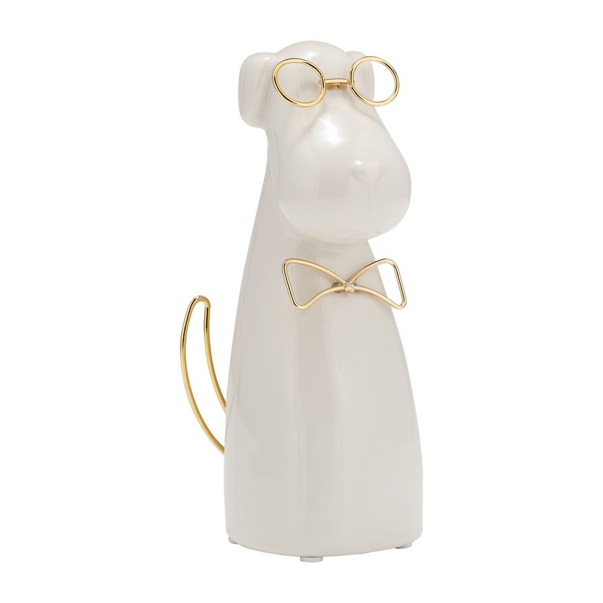 Sagebrook Ceramic 7"h - Puppy With Gold Glasses And Bowtie - White