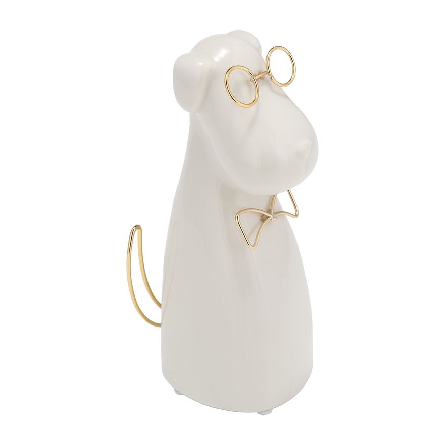 Sagebrook Ceramic 7"h - Puppy With Gold Glasses And Bowtie - White