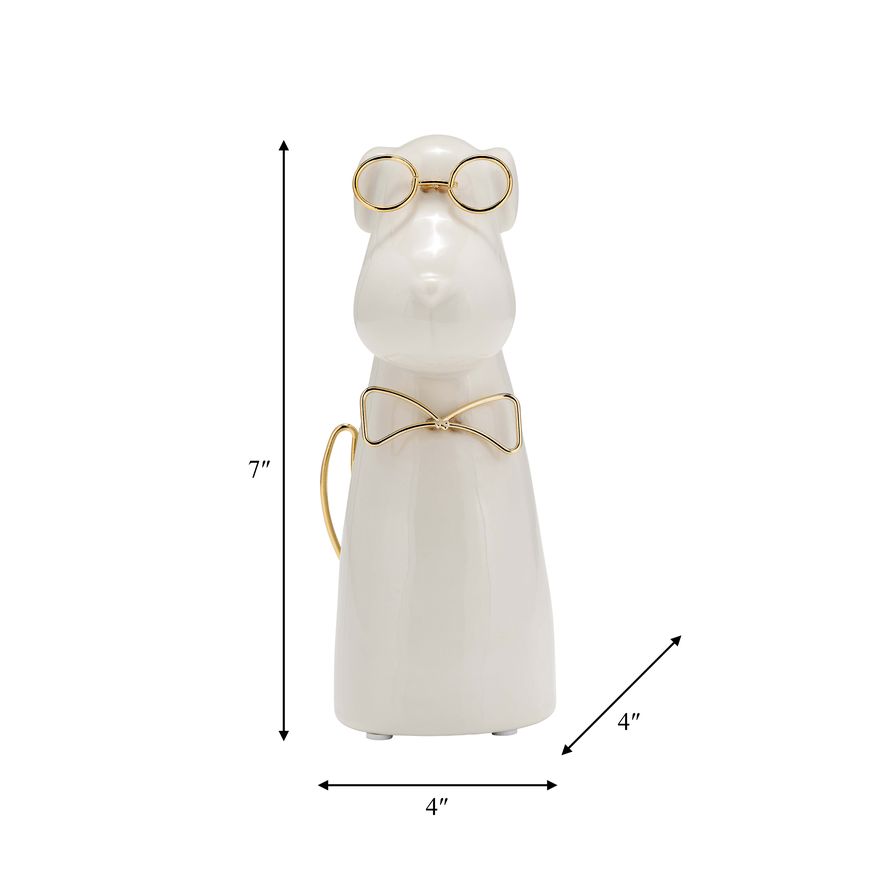 Sagebrook Ceramic 7"h - Puppy With Gold Glasses And Bowtie - White