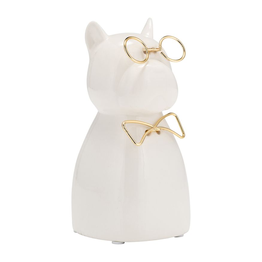 Sagebrook Ceramic 6"h - Puppy With Gold Glasses And Bowtie - White