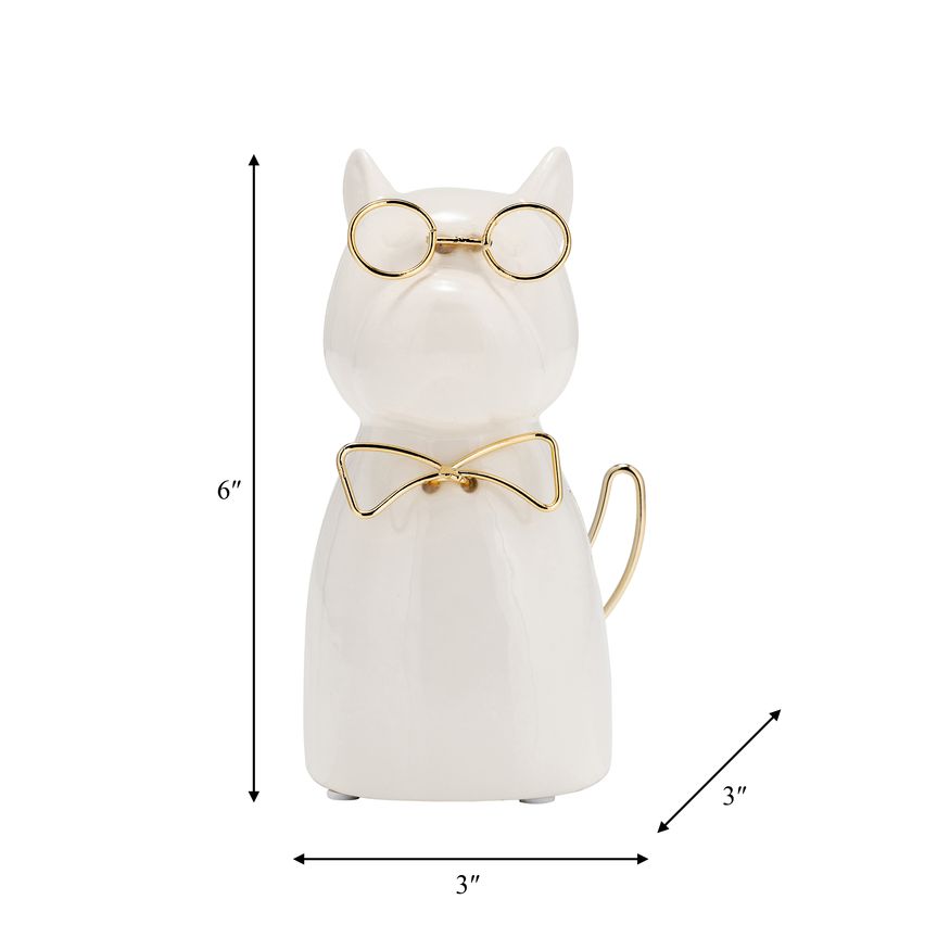 Sagebrook Ceramic 6"h - Puppy With Gold Glasses And Bowtie - White