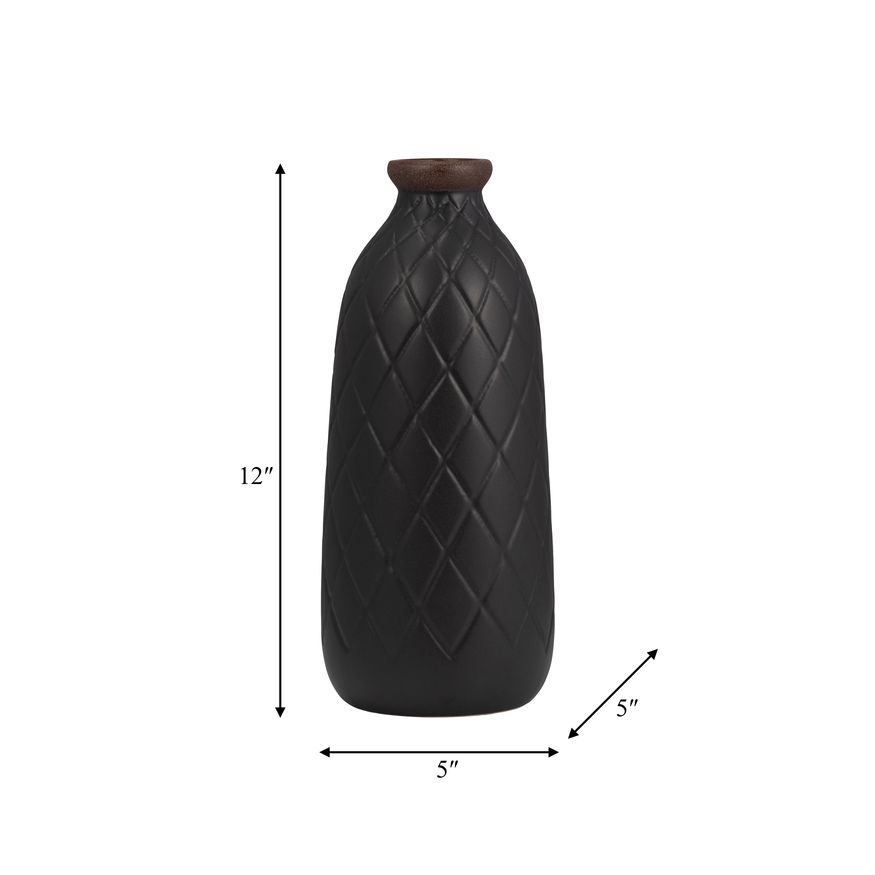 Sagebrook 12" Ceramic Plaid Textured Vase - Black