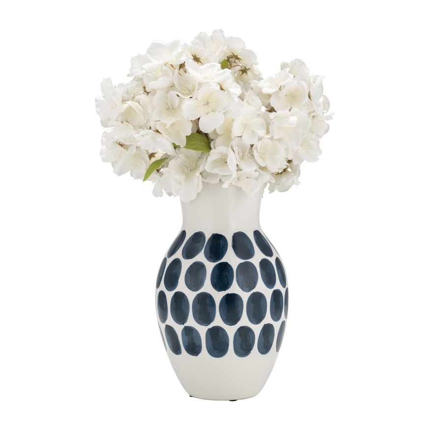 Sagebrook 10" Ceramic Navy Polk-a-dot Flower Vase - White