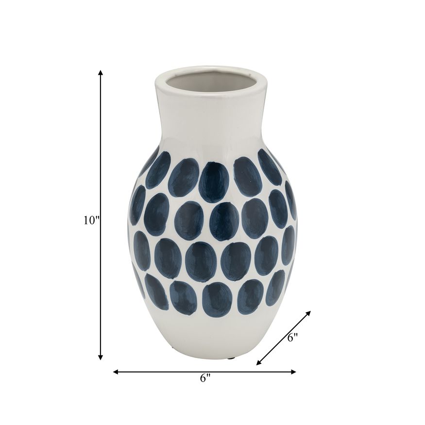 Sagebrook 10" Ceramic Navy Polk-a-dot Flower Vase - White