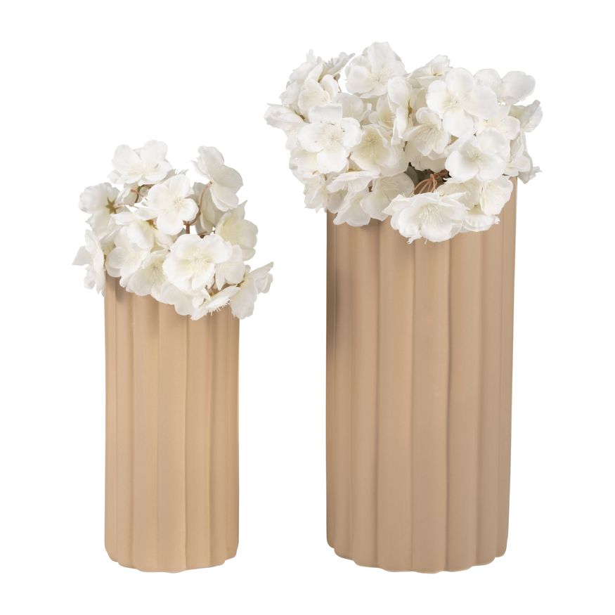 Sagebrook 10"/13" Ceramic Ribbed Vases (Set Of 2) - Irish Cream