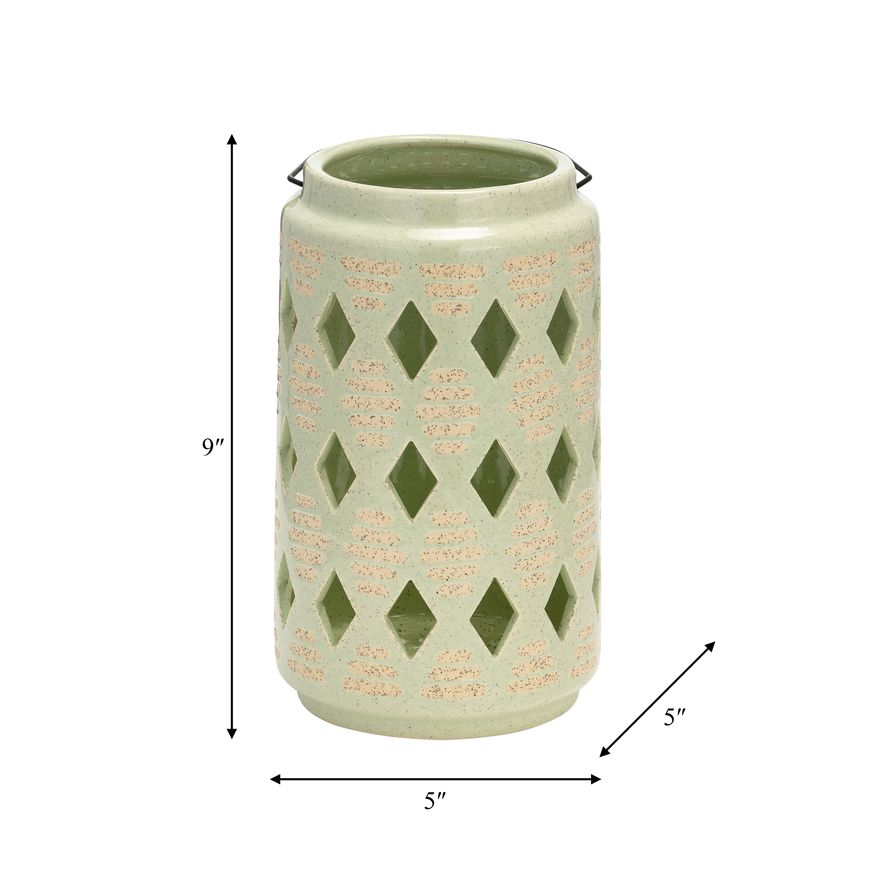 Sagebrook 9" Ceramic Diamond Cut Out Lantern - Cucumber