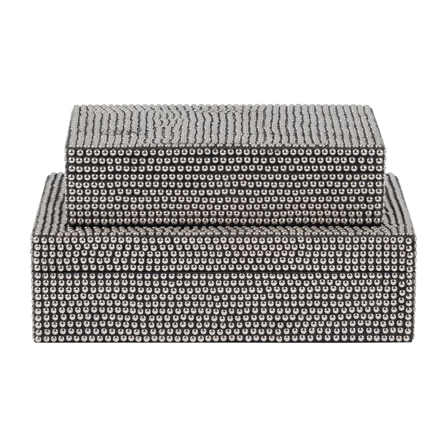 Sagebrook - 10"/12" Metal Studded Boxes (Set Of 2) in Silver/Black