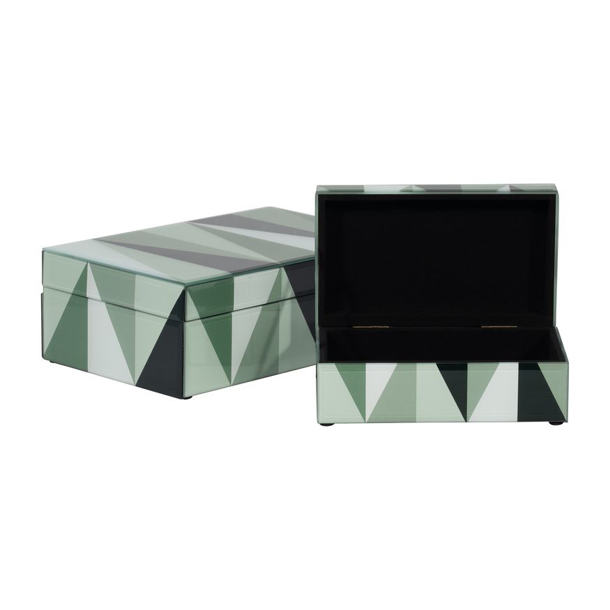 Sagebrook - 8"/11" Glass Triangles Boxes (Set Of 2) in Green/White