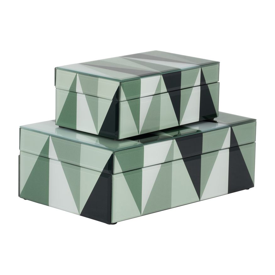 Sagebrook - 8"/11" Glass Triangles Boxes (Set Of 2) in Green/White