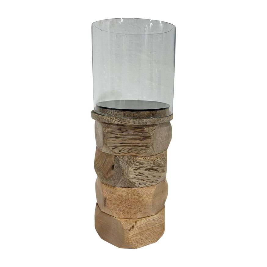 Sagebrook 8" Wood Stacked Hexagon Pillar Hurricane