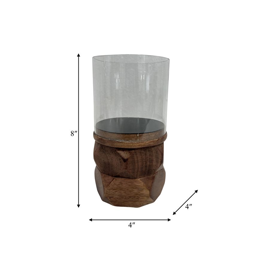 Sagebrook 8" Wood Stacked Hexagon Pillar Hurricane - Brown