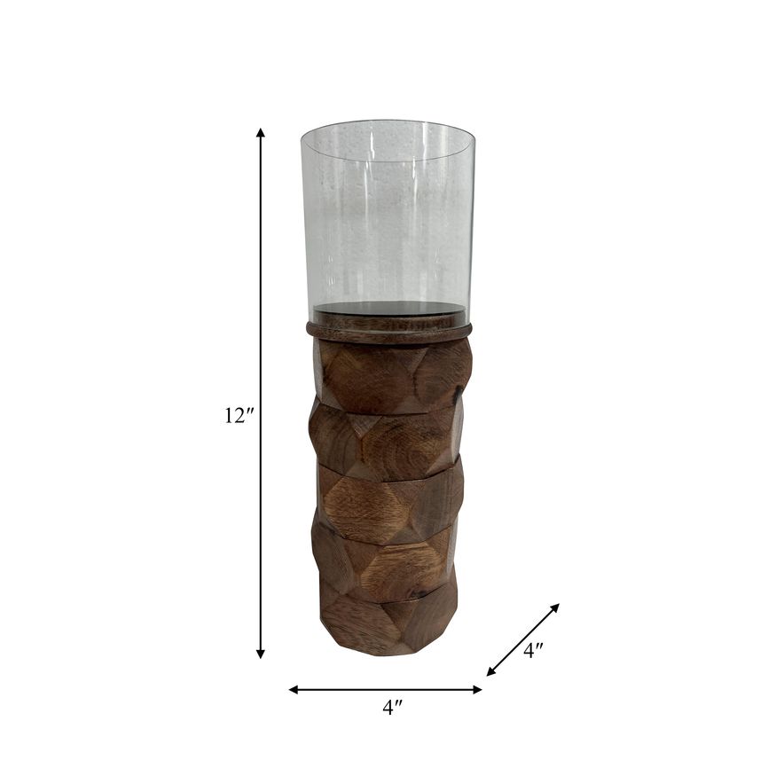 Sagebrook 12" Wood Stacked Hexagon Pillar Hurricane - Brown