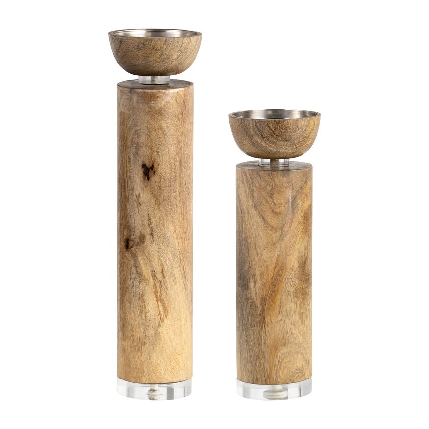 Sagebrook 14" Wood Acrylic Detail Taper Candle Holder - Natural