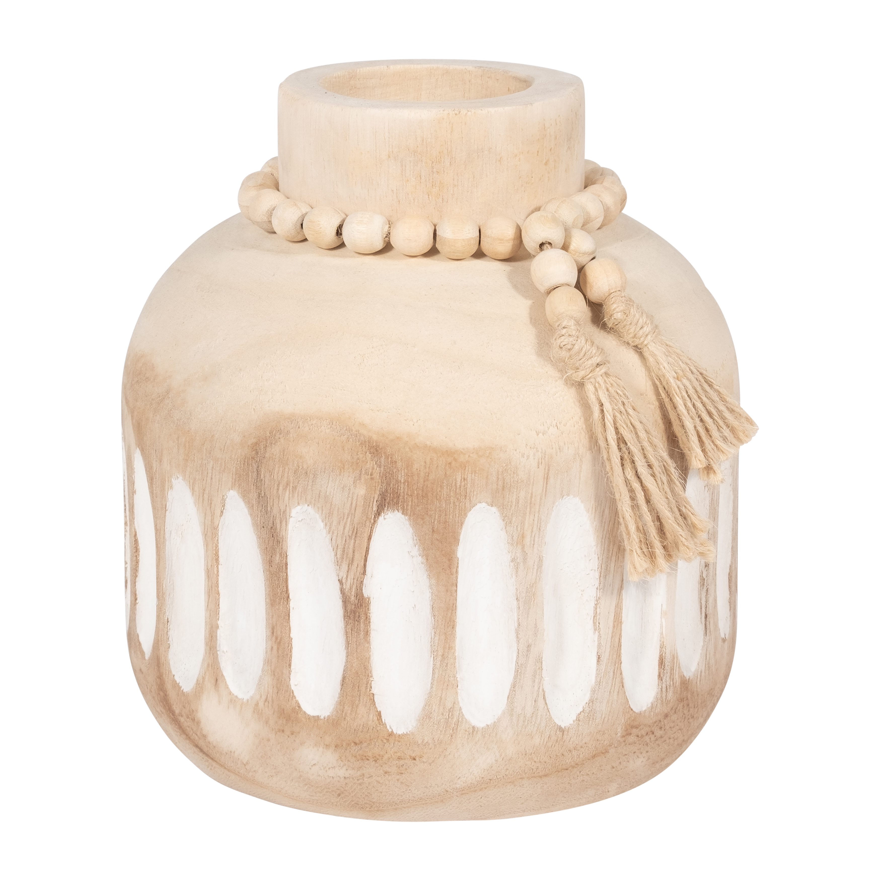 Sagebrook 8" Wood Round Ridged Vase with Tassels