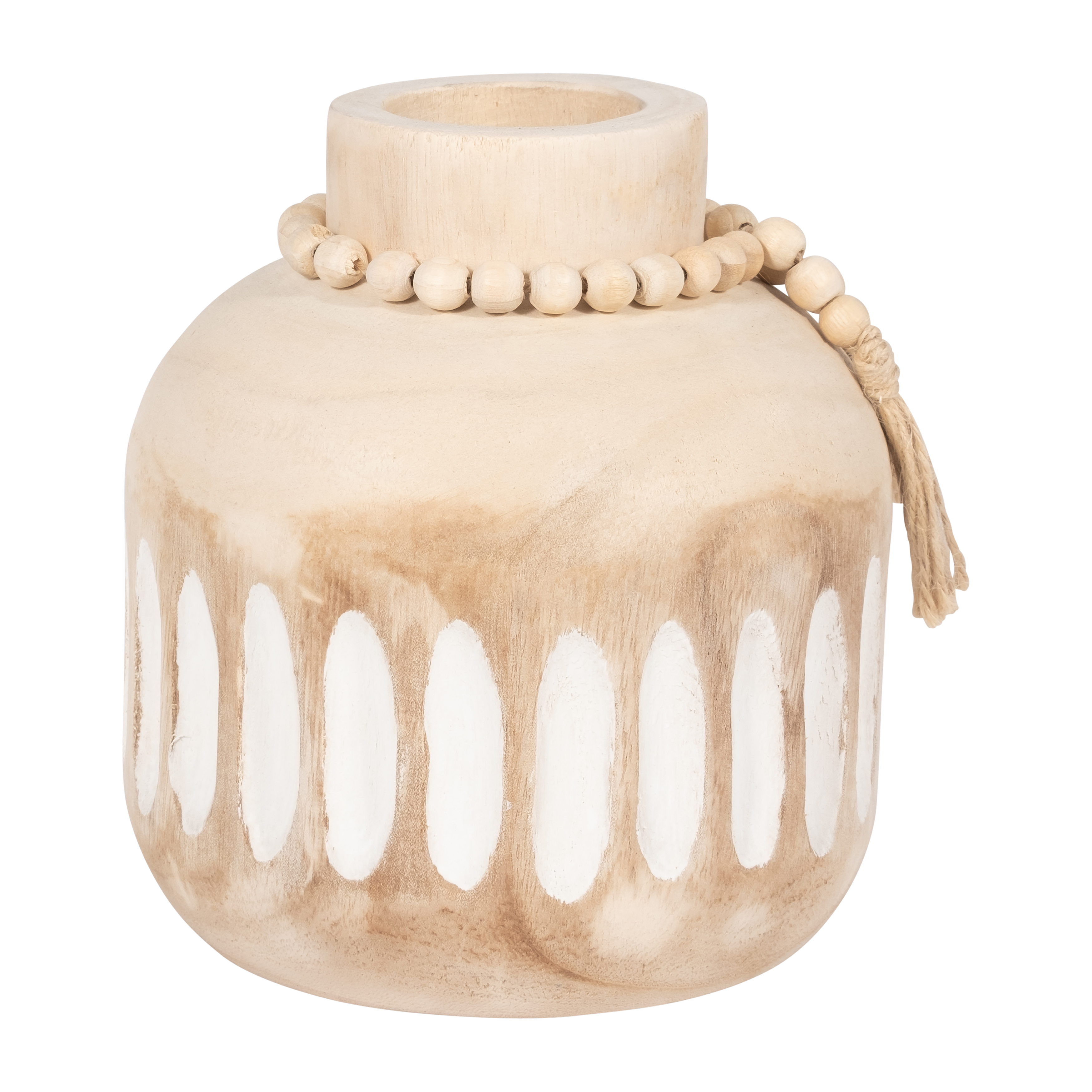 Sagebrook 8" Wood Round Ridged Vase with Tassels - Natural