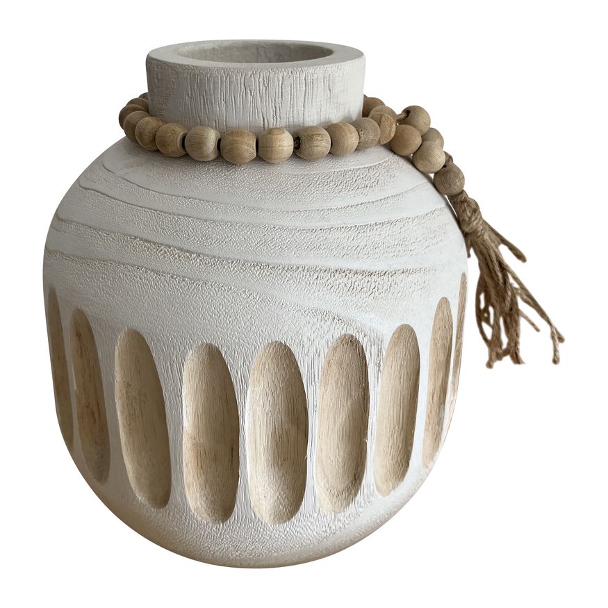 Sagebrook 8" Wood Round Ridged Vase with Tassels