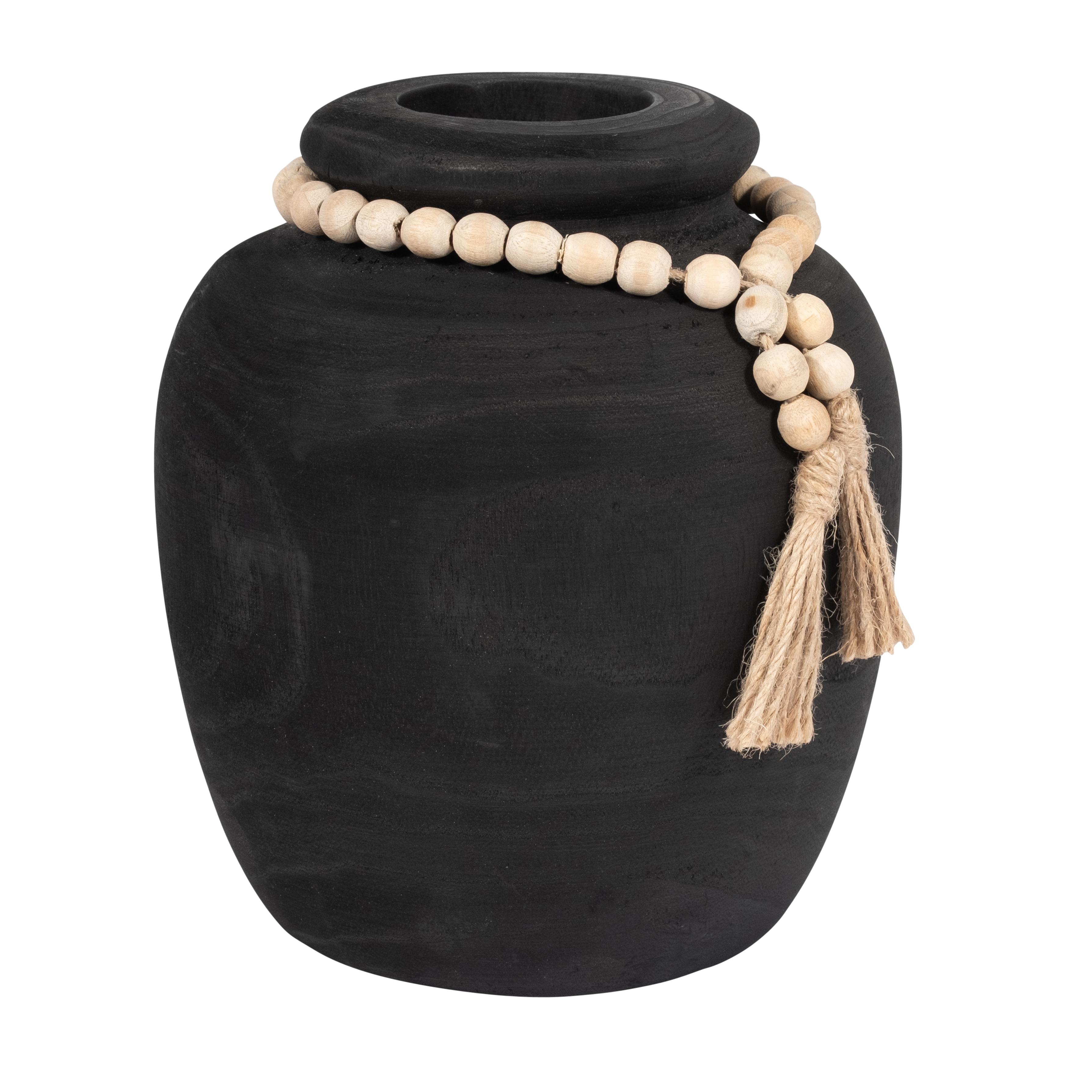 Sagebrook - 8" Wood Round Vase with Tassels in Black