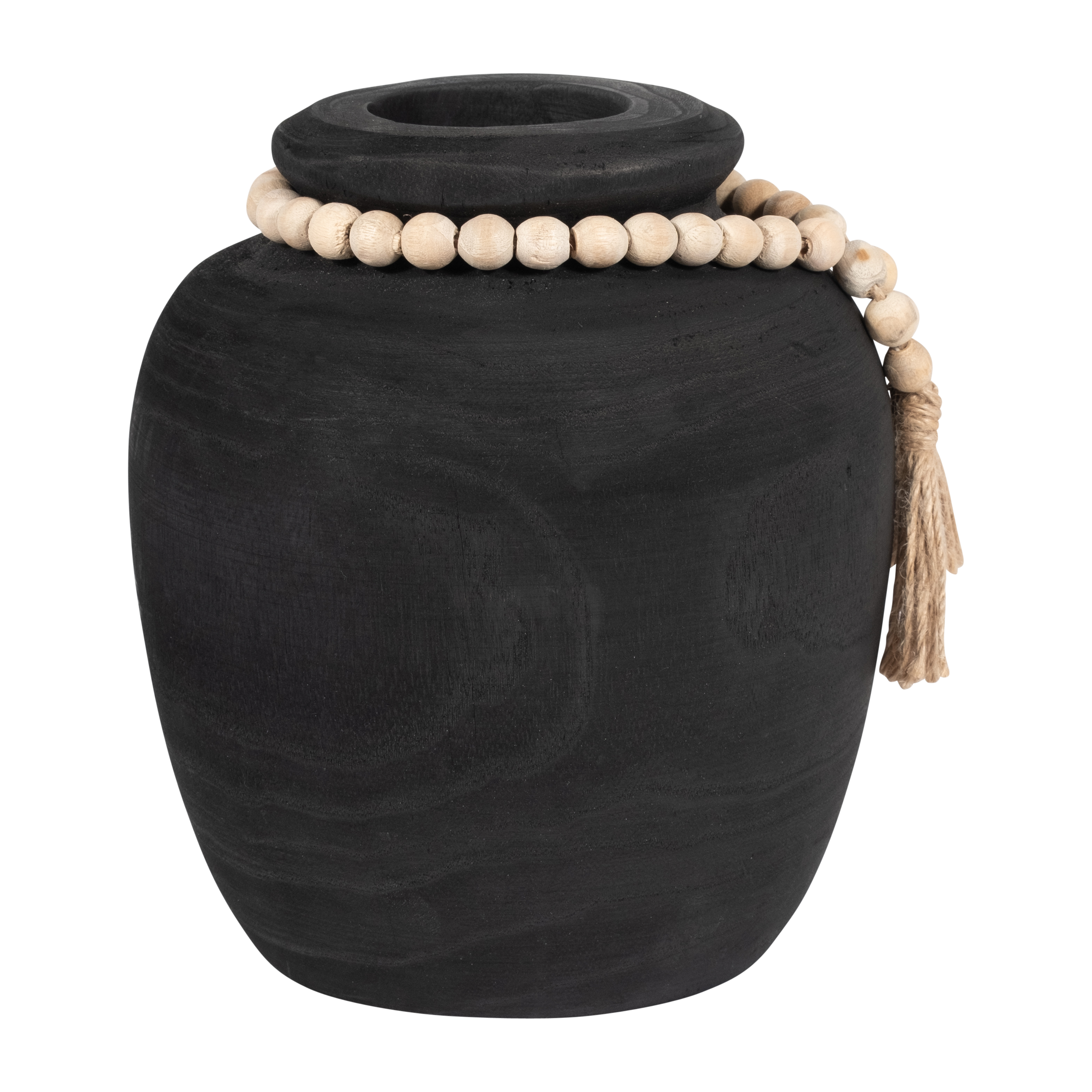 Sagebrook - 8" Wood Round Vase with Tassels in Black