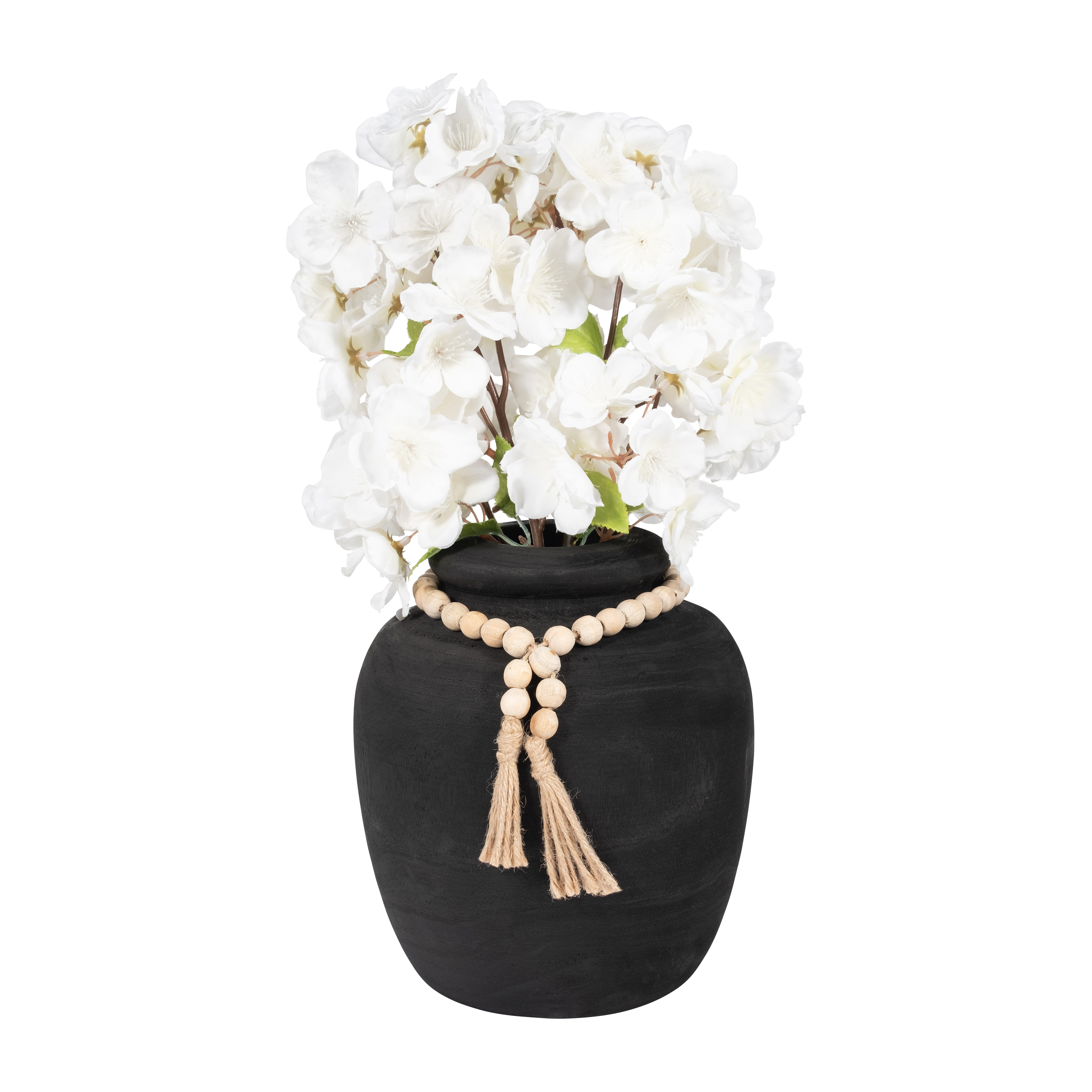 Sagebrook - 8" Wood Round Vase with Tassels in Black