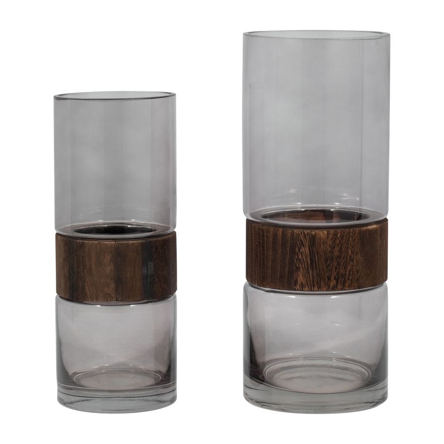 Sagebrook 12" Glass Cylinder Vase With Wood Band - Clear