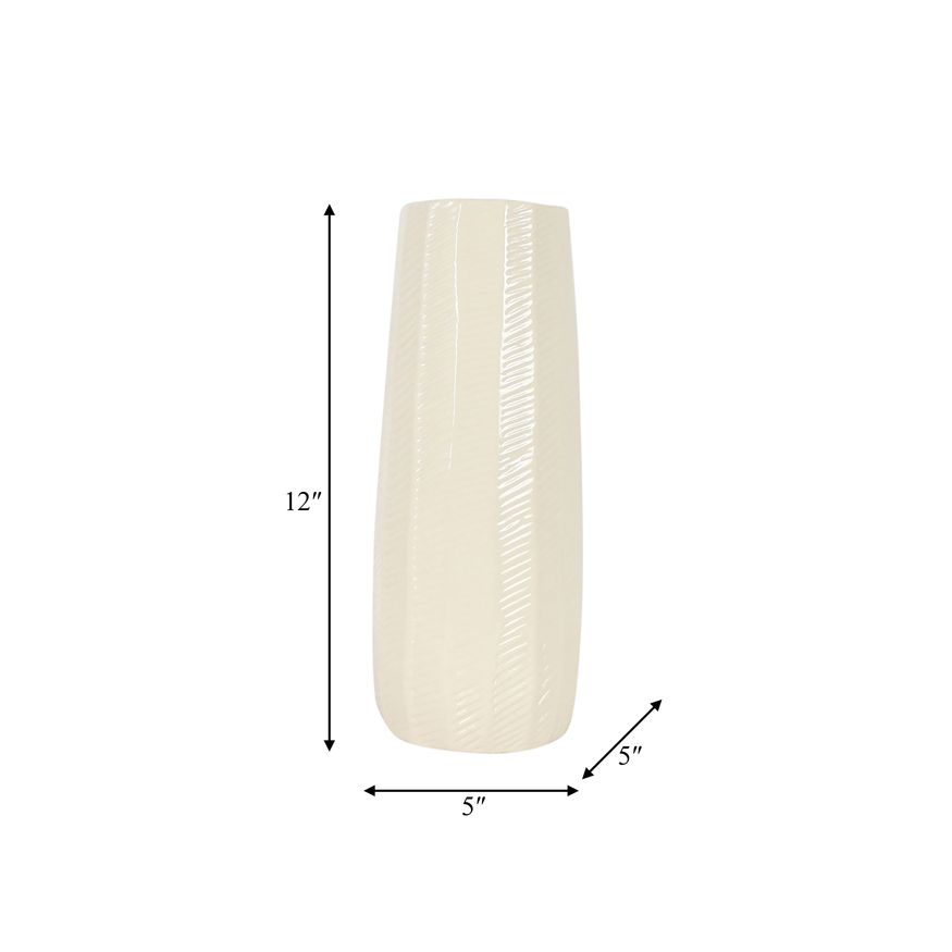 Sagebrook 12" Ceramic Etched Lines Cylinder Vase - Cotton