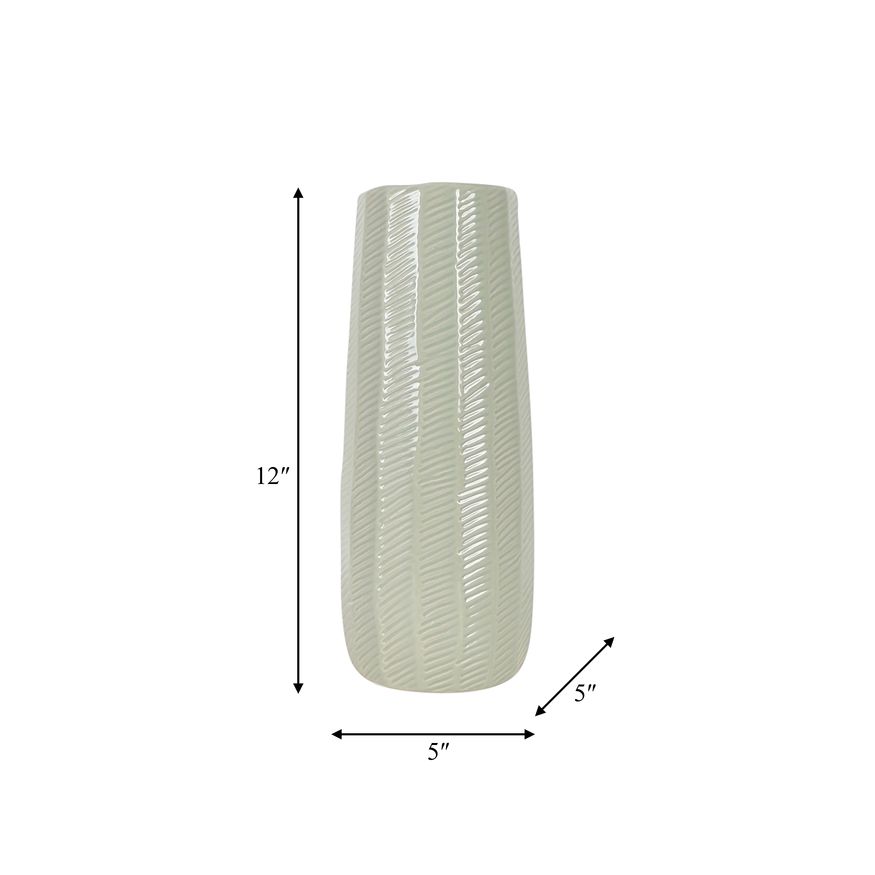 Sagebrook 12" Ceramic Etched Lines Cylinder Vase - Cucumber