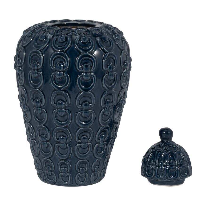 Sagebrook 12" Ceramic Chain Texture Jar - Navy