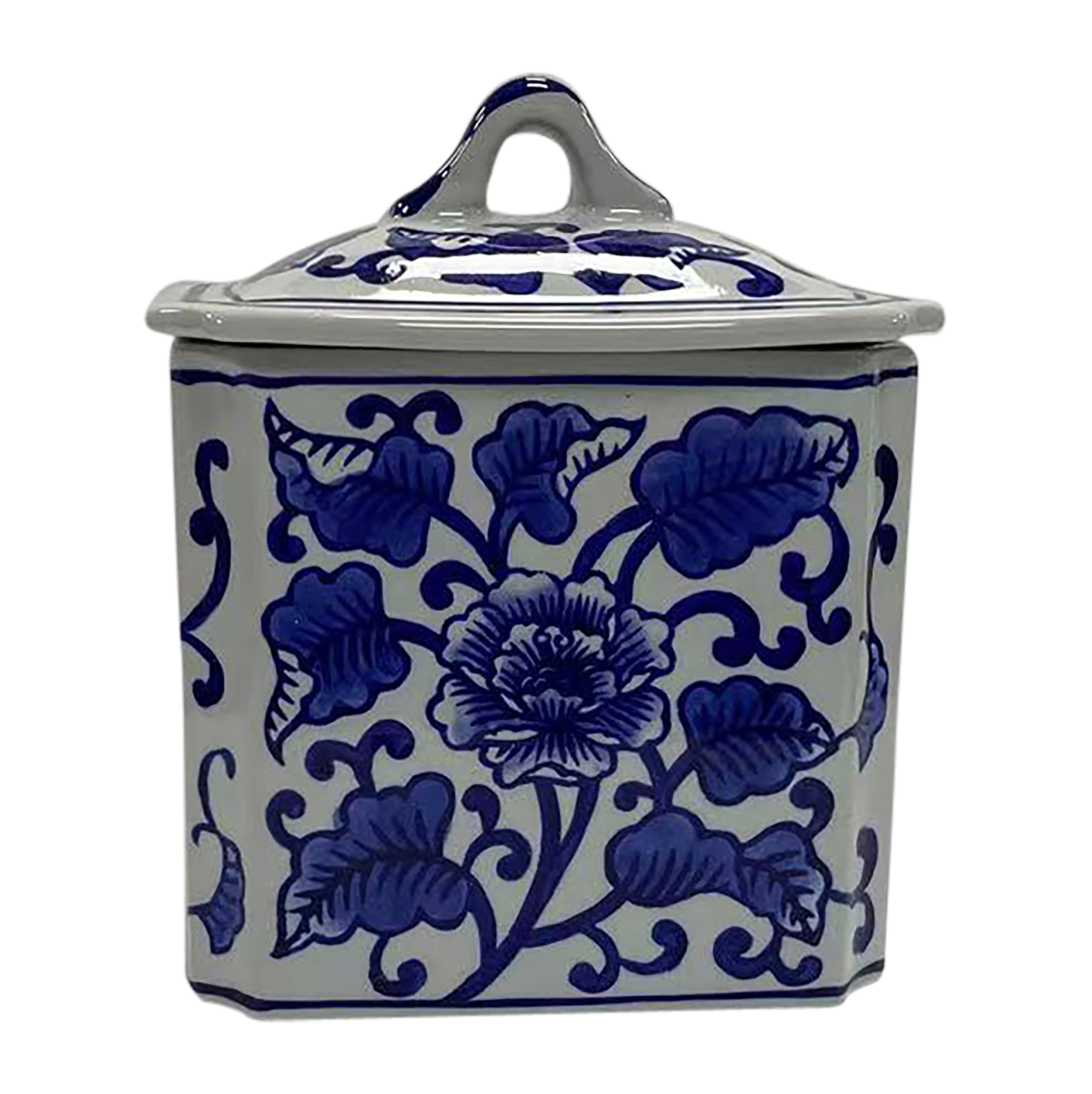 Sagebrook - 6" 13oz Ceramic Rectangle Chinoiserie Candle with Lid in White/Blue