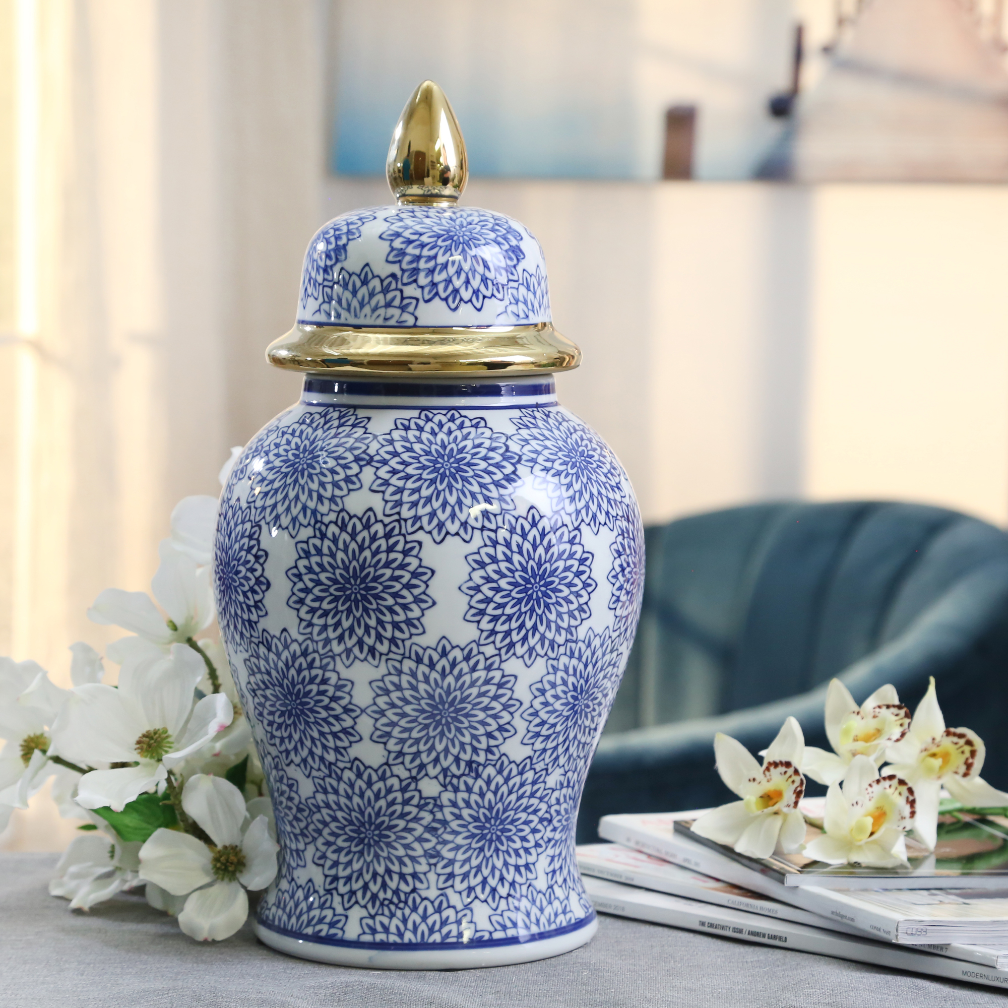 Sagebrook - 14" Temple Jar with Dalhia Flower in Blue/White