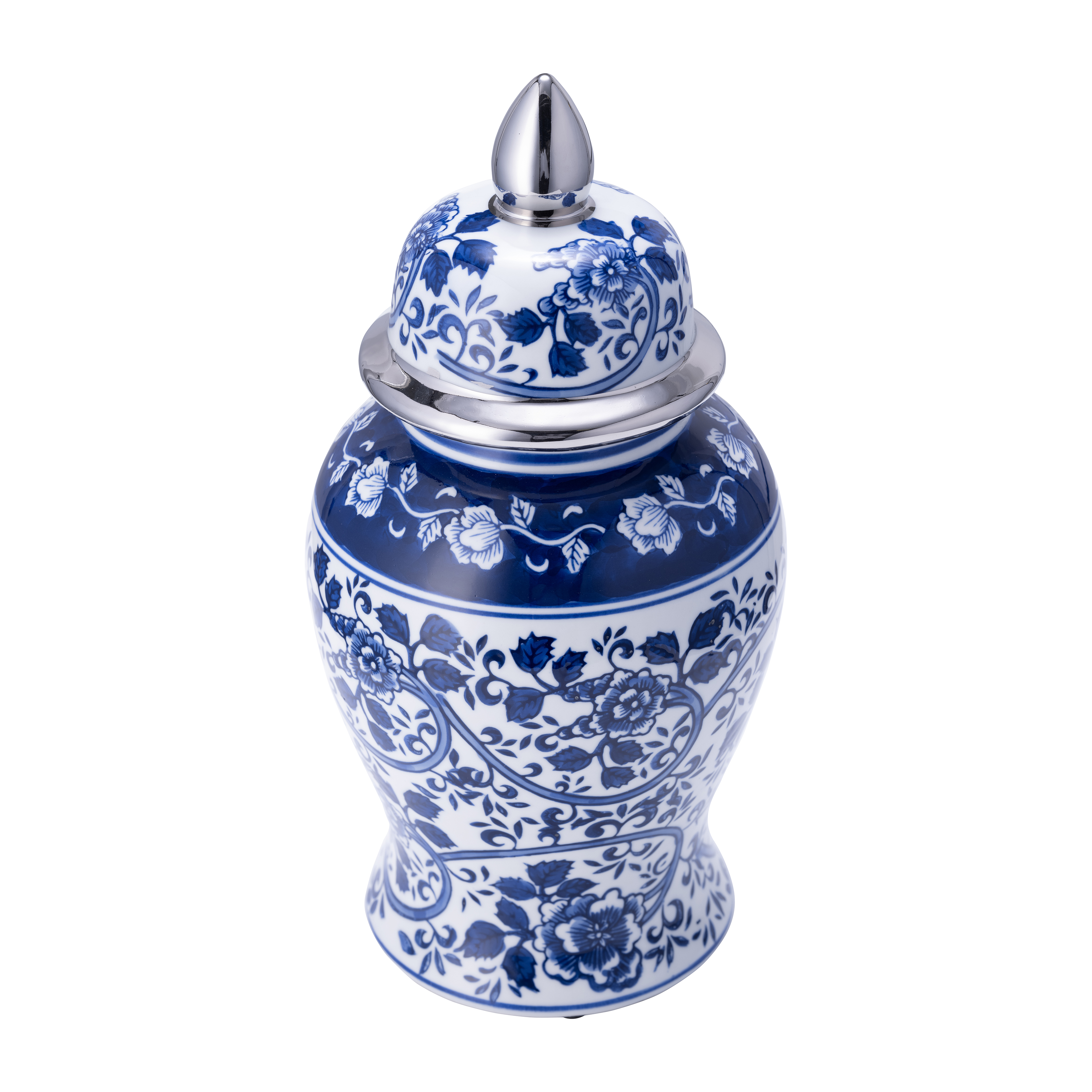 Sagebrook 14" Ceramic Blue/White Temple Jar - Silver