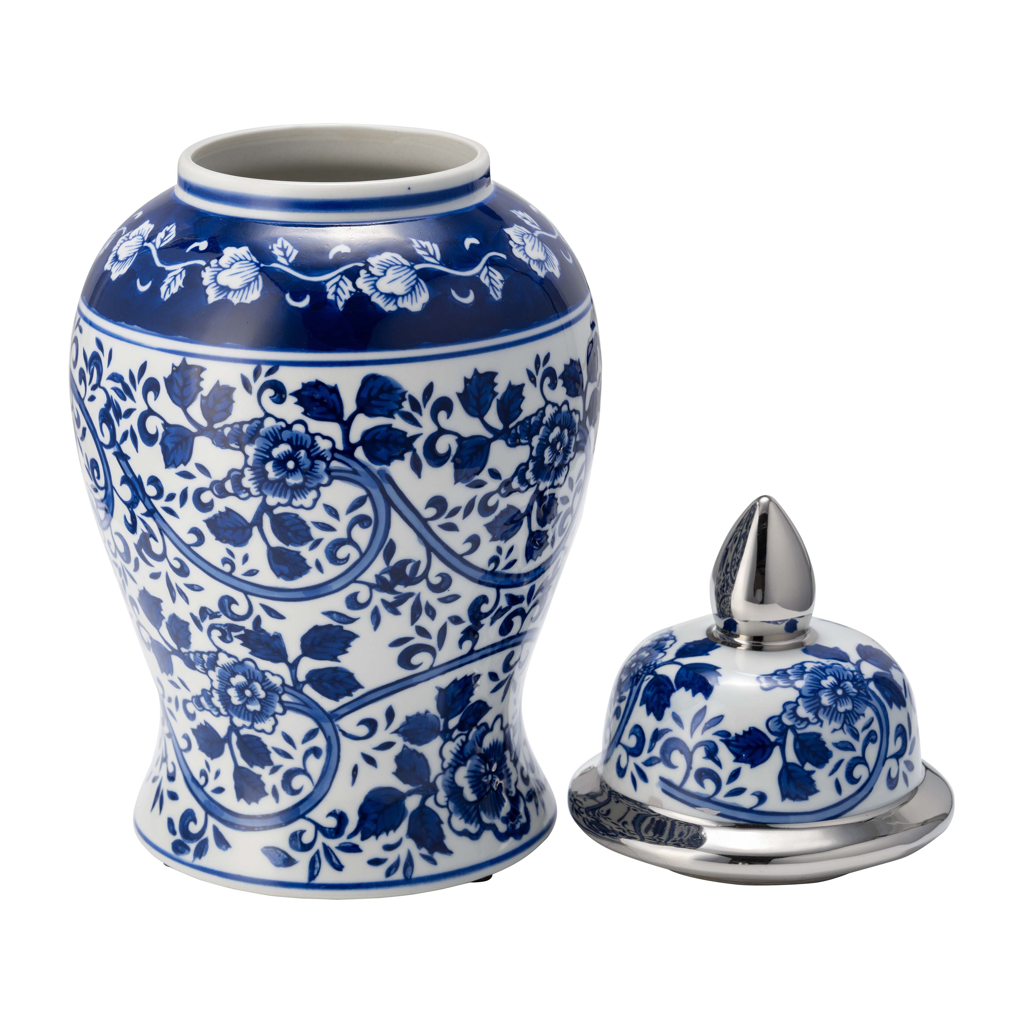 Sagebrook 14" Ceramic Blue/White Temple Jar - Silver