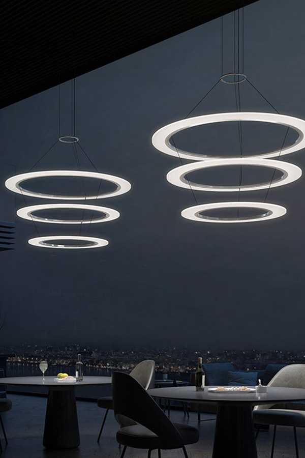 Sonneman Arctic Rings LED Chandelier - Bright Satin Aluminum, Large Triple LED Ring Pendant